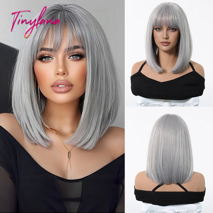 Light Brown Blonde Synthetic Wigs with Bangs for Women Short Bob Daily Straight Wigs Fake Hair Cosplay Halloween Heat Resistant