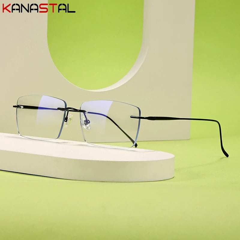 Men Rimless Eyeglasses Frame Blue Light Blocking Lenses Women Computer Pure Titanium Glasses Prescription Myopia Reading Eyewear