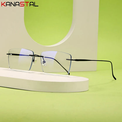 Men Rimless Eyeglasses Frame Blue Light Blocking Lenses Women Computer Pure Titanium Glasses Prescription Myopia Reading Eyewear