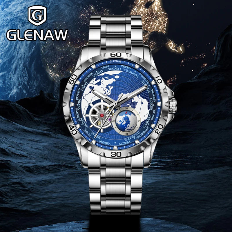 GLENAW 2025 New Earth Series Mechanical Watch Men Rotating Earth Dial Night Light Waterproof Top Luxury Design Mechanical Watch