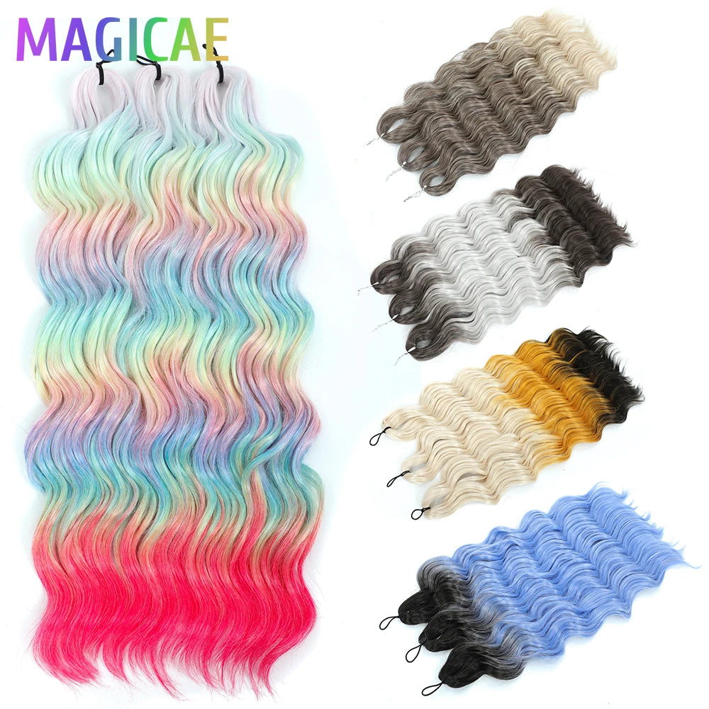Anna 3Pcs 24Inch 300g Ombre Pink Rainbow Pink Loose Deep Wave Twist Crochet Braids Sliver White Synthetic Hair Wavy Extension