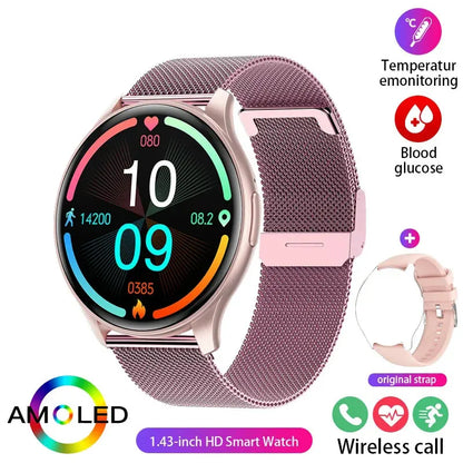 2025New Smartwatch Women 466*466 AMOLED 1.43" HD Screen Blood Pressure Monitor Bluetooth Call IP68 Waterproof Sports Smart Watch