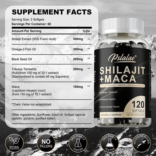 Shilajit + Maca Capsules - Contains Black Seed Oil To Support Immune and Kidney Health, Boost Metabolism and Increase Energy