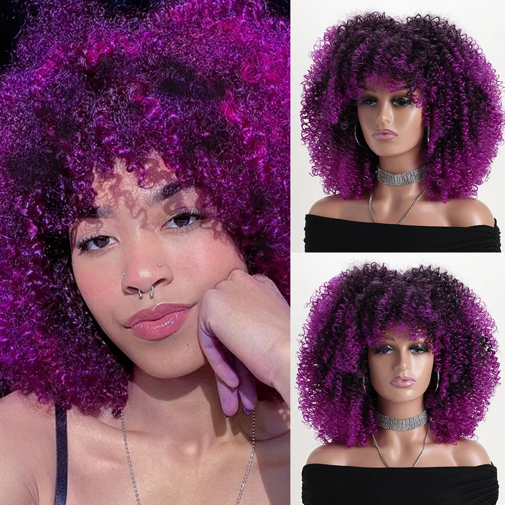 16 Inch Afro Kinky Curly Synthetic Hair Gradient Purple Wigs With Bangs Soft Fluffy Fiber  Wigs For Party Cosplay Daily Use