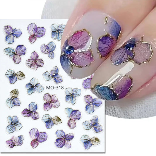 5d Embossed Nail Art Stickers Golden Lines Semi-Transparent Purple Blue Flowers Decals Decorations For Nail Tips Manicures