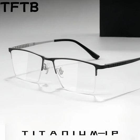 TFTB Business Men's Half-frame Glasses High-quality Pure Titanium Square Flexible Optical Prescription Eyeglasses Frame X69772