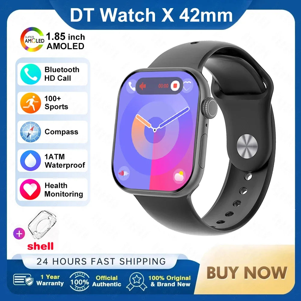 New DT Watch X Mini Smartwatch 3D Menu Video AI Voice NFC 4GB Lang Memory Compass 1.85 Inch AMOLED Super Fast Charge Smartwatch