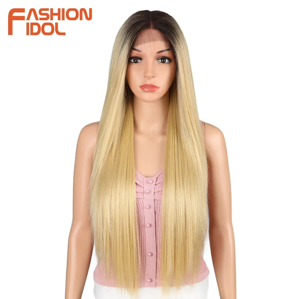 FASHION IDOL 13X4 Lace Front Wig For Women 32 Inch Heat Resistant Fiber Straight Wigs Blonde Natural Synthetic Wigs Cosplay Hair