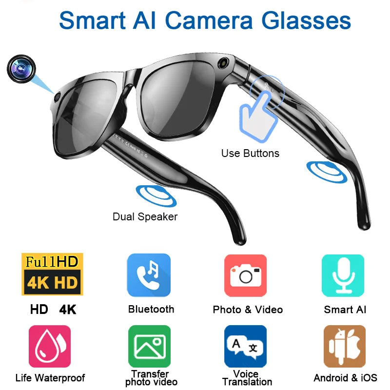 4K HD AI Smart Glasses GPT 100MP Multifunctional Camera Chat Bluetooth Call Voice Assistant Music Player Smart Translation