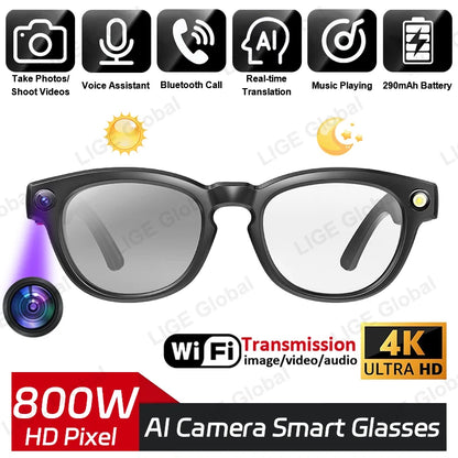 LIGE AI Smart Camera Glasses 4K HD With Long-lasting Battery Voice Assistant Control Calling Music Outdoor Photochromic Lenses