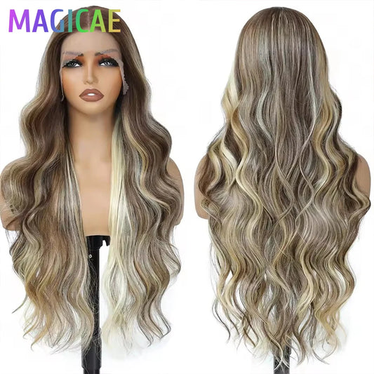 30Inches 13x4 Lace Frontal Heat Resistant Bio Synthetic Body Wave Wigs Ombre Blond 613 Swiss Transparent Lace Lace Front Wigs