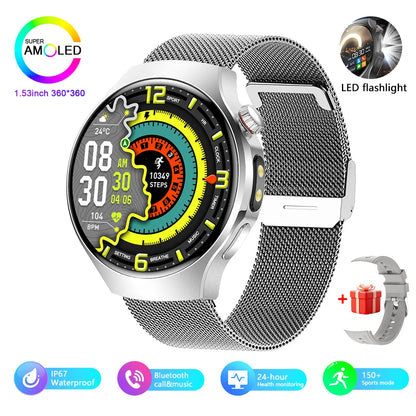 2025 New Outdoor Smartwatch Smart Watch Men Sports Fitness Model 1.53 HD AMOLED Screen LED Flashlight IP67 Waterproof Smartwatch