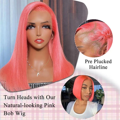 Pink Bob Wig Human Hair 13x4 Bone Straight HD Transparent Lace Frontal Wig 200% Brazilian Colored Lace Front Short Bob Wigs