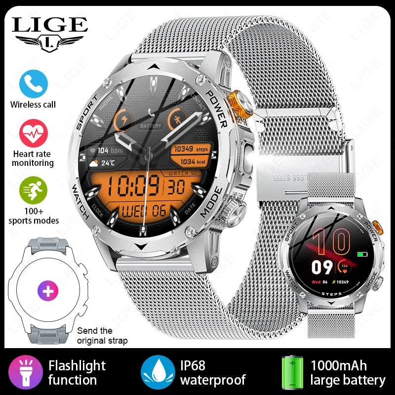 LIGE New Smart Watch Men 1000mAh Large Capacity Battery Outdoor Flashlight Bluetooth Call Waterproof Sport Fitness Smartwatch
