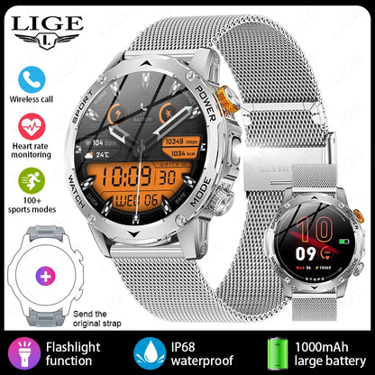 LIGE New Smart Watch Men 1000mAh Large Capacity Battery Outdoor Flashlight Bluetooth Call Waterproof Sport Fitness Smartwatch
