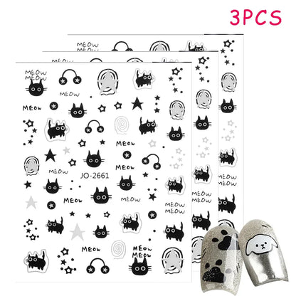 1-10PCS Y2K Black Cat Nail Stickers Kawaii Cartoon Animal Paw Sliders Nail Arts 3D Silver Stars Letters Manicure Decals Tools