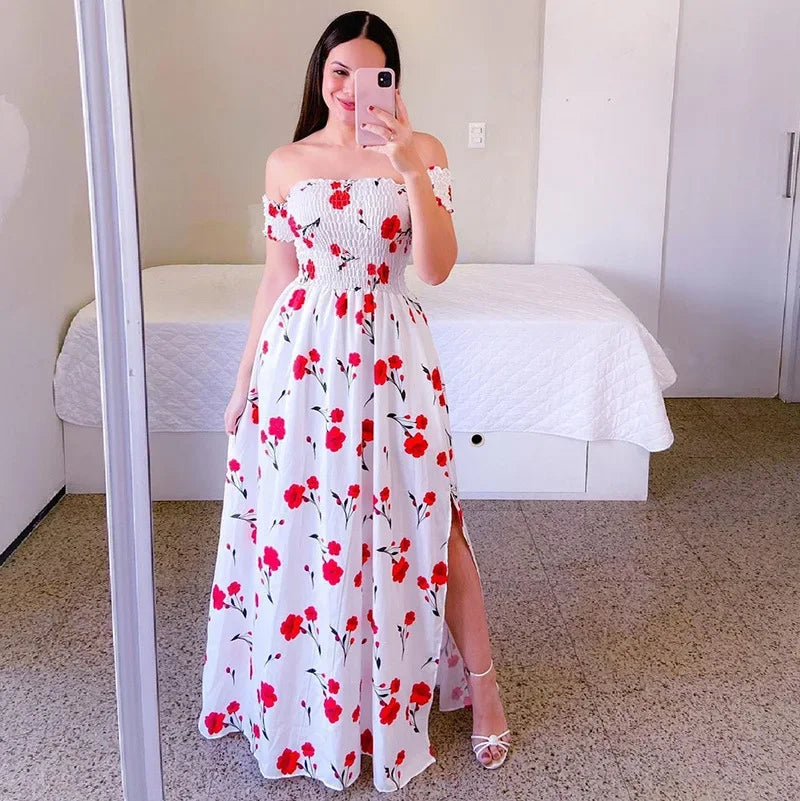 Elegant Off Shoulder Dress  Summer Fashion Dresses High Waist Flower Print Short Sleeve Vestidos Robe Clothing