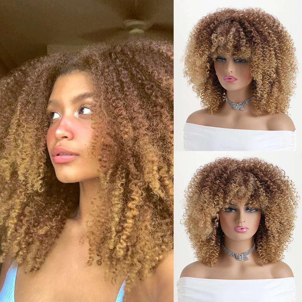 16 Inch Afro Kinky Curly Synthetic Hair Gradient Purple Wigs With Bangs Soft Fluffy Fiber  Wigs For Party Cosplay Daily Use