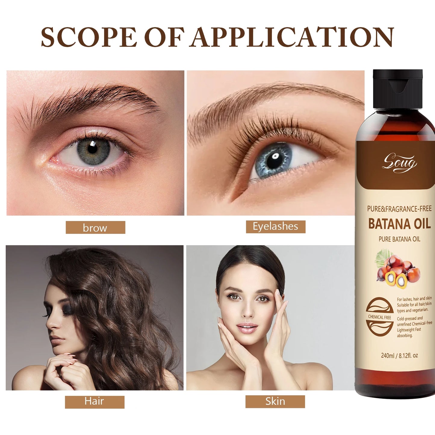 Pure Natural Batana Oil for Hair Growth, Eyelashes & Skin Care - 240ml Cold-Pressed Treatment for Dry Hair Repair