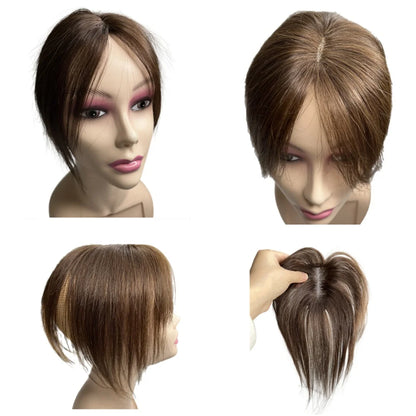 Breathable Swiss Lace Human Hair Topper for Women Dark Brown Bangs Fringe Hairline Topper Clip on Hair Piece for Thinning Hair