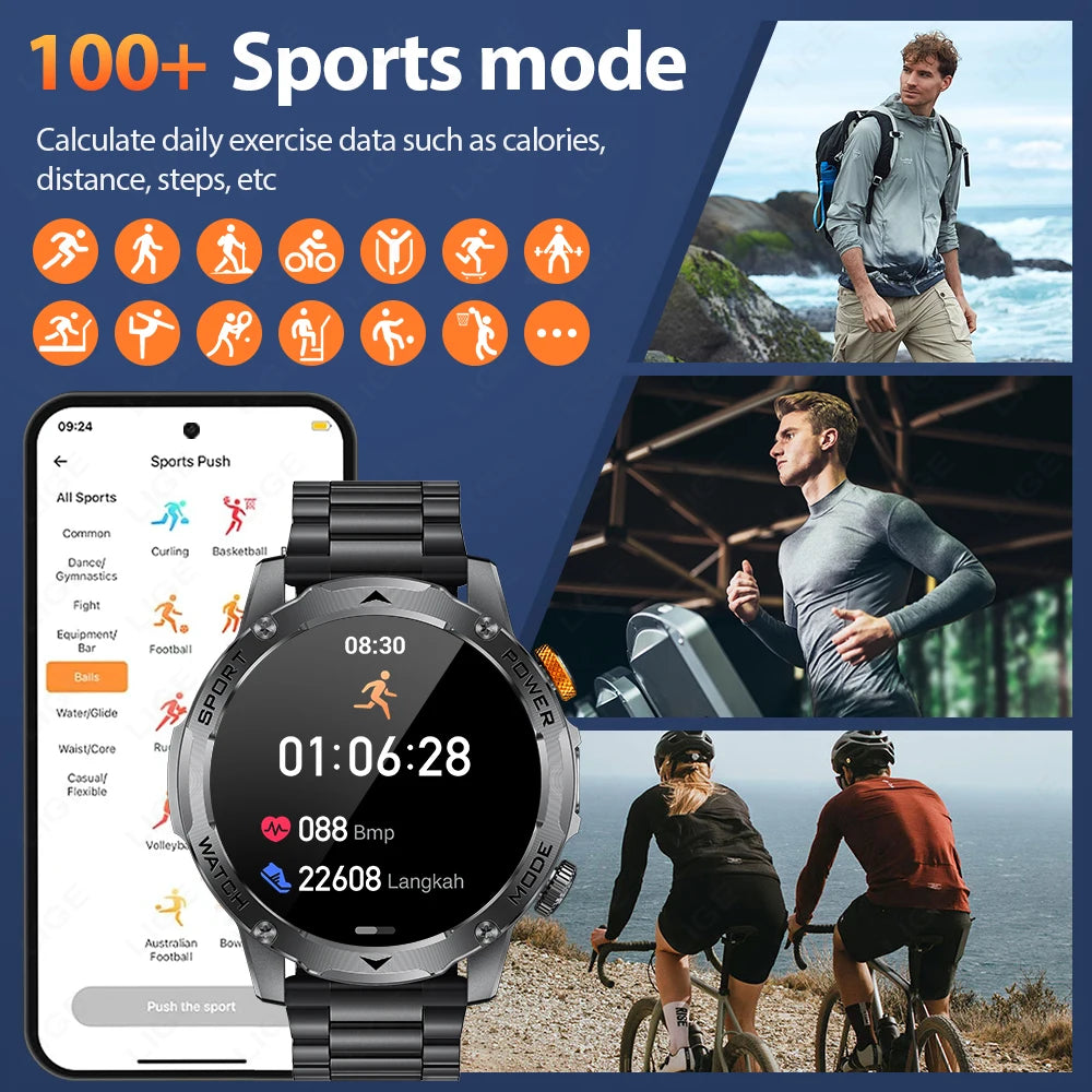 LIGE New Smart Watch Men 1000mAh Large Capacity Battery Outdoor Flashlight Bluetooth Call Waterproof Sport Fitness Smartwatch