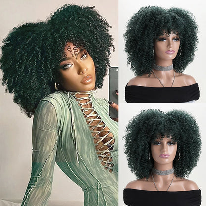 16 Inch Afro Kinky Curly Synthetic Hair Gradient Purple Wigs With Bangs Soft Fluffy Fiber  Wigs For Party Cosplay Daily Use