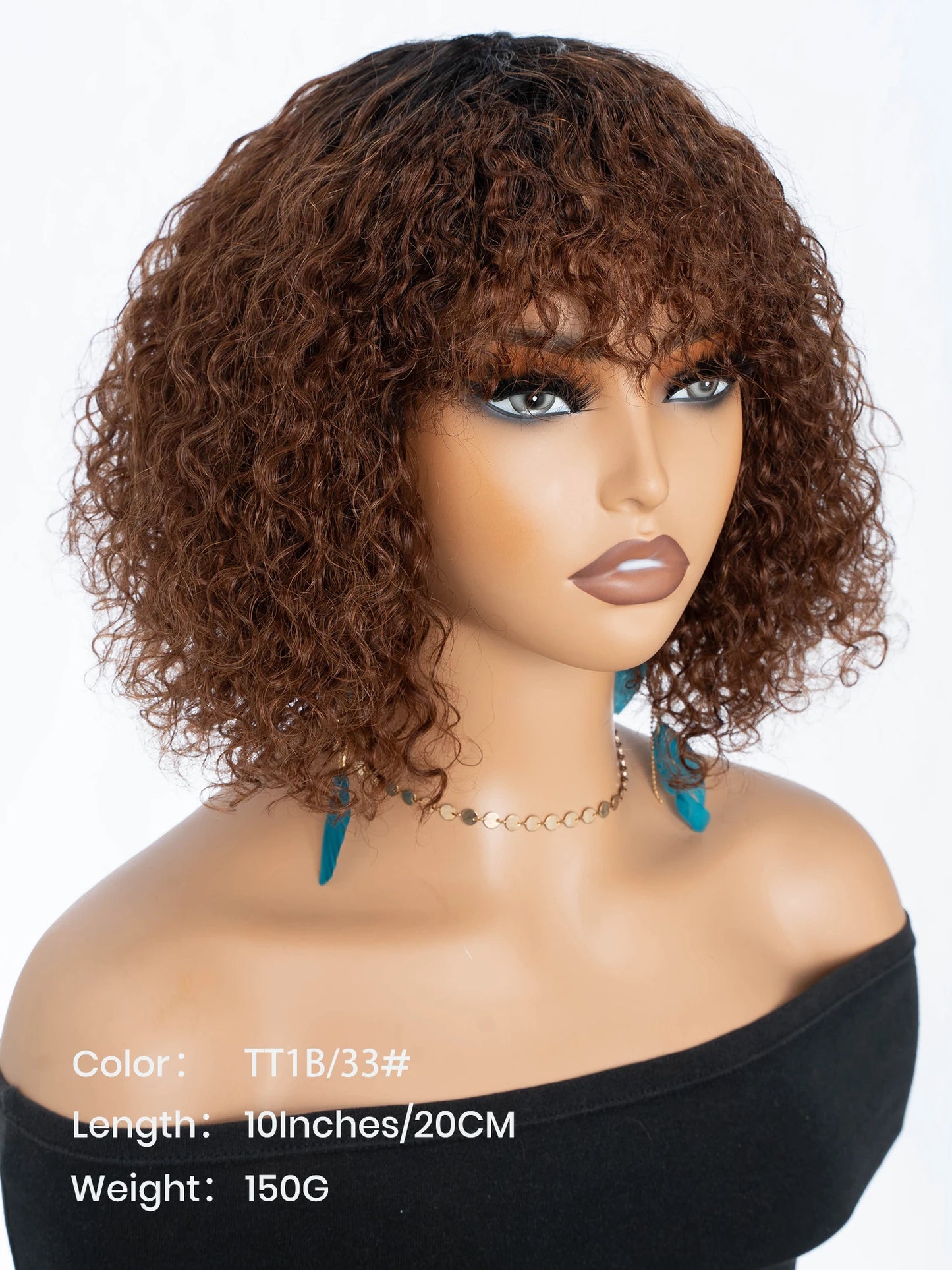 Black Pearl Jerry Curly Wig with Bangs100% Human Hair Short Pixie Cut Fringe Style Natural Curly Perruque Lightweight