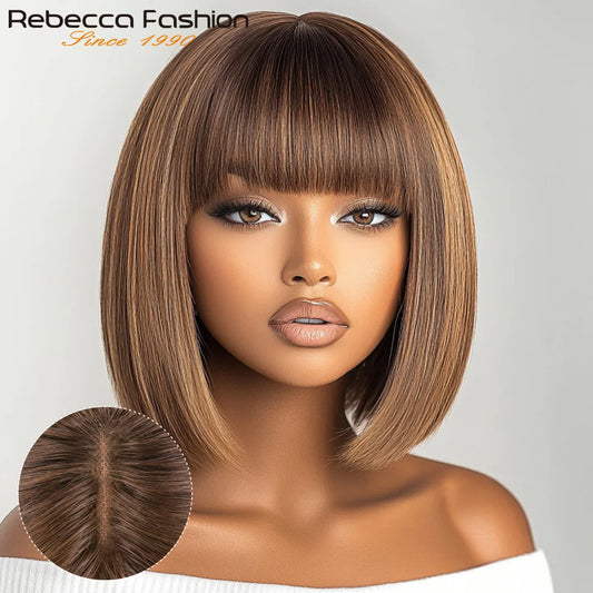 Human Hair Straight Bob Lace Wigs Straight Human Hair Wigs With Bangs #27 Brown Fringe Middle Part Bob Lace Wigs Realistic Scalp