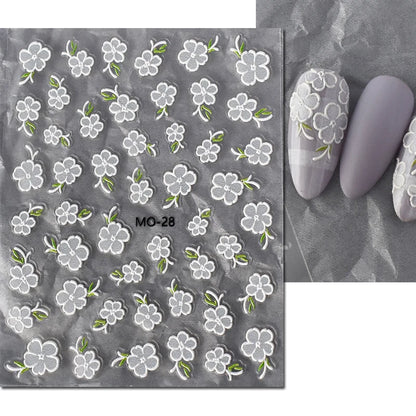 5d Embossed Nail Art Stickers Golden Lines Semi-Transparent Purple Blue Flowers Decals Decorations For Nail Tips Manicures