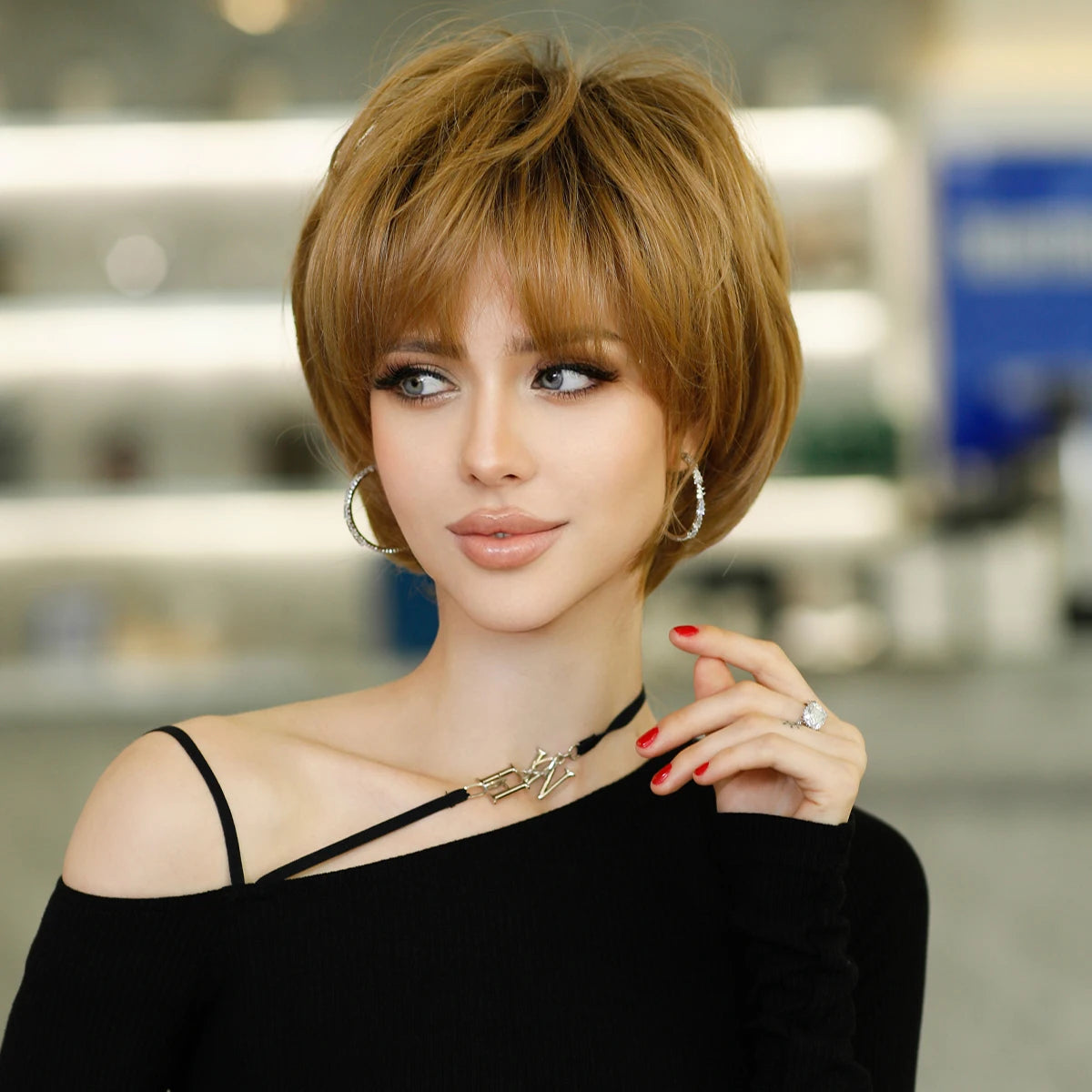 NAMM Ombre Blonde Wig for Women Daily Party Fluffy Bob Wig Natural Synthetic Hair Fashion Wig with Bangs Heat Resistant Fiber