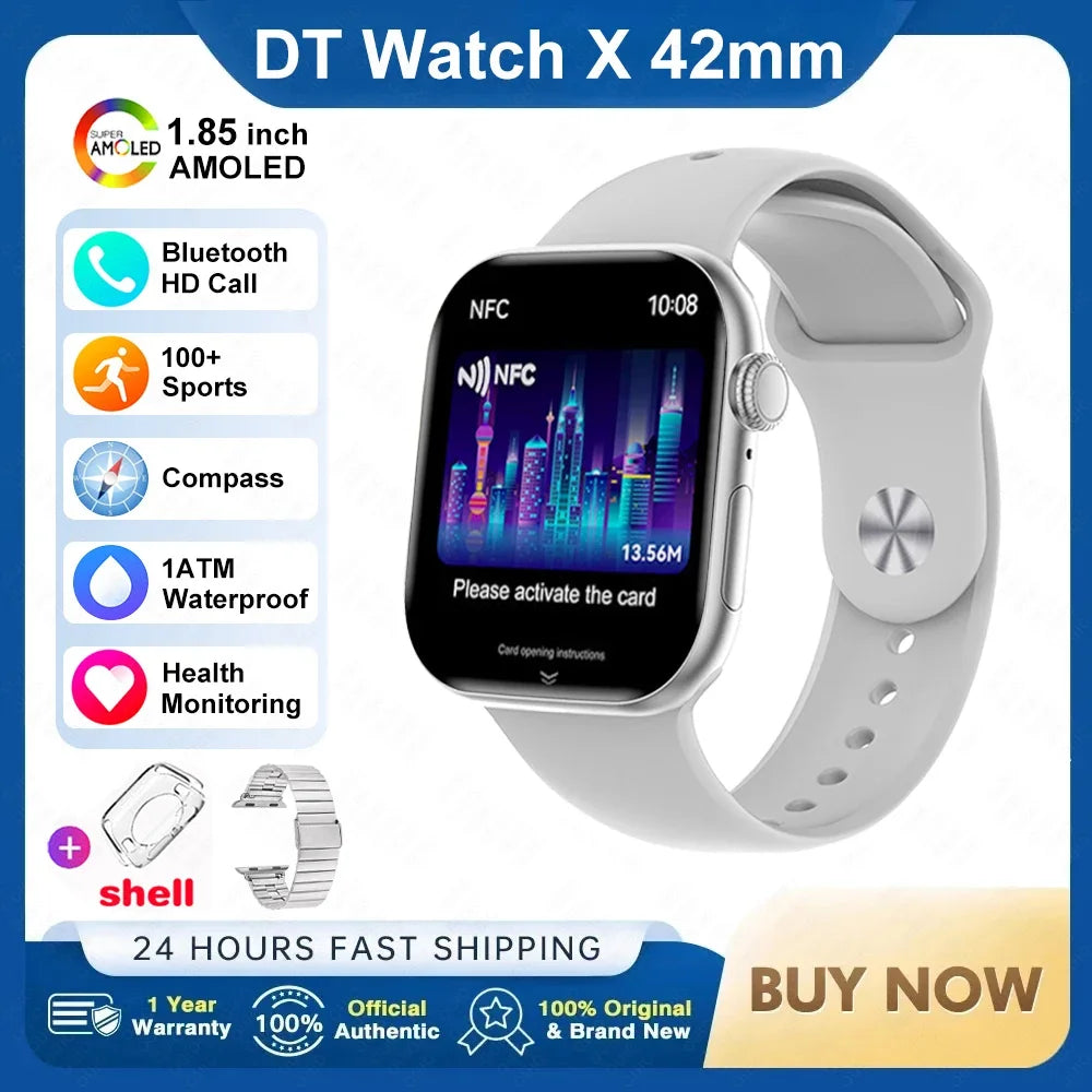 New DT Watch X Mini Smartwatch 3D Menu Video AI Voice NFC 4GB Lang Memory Compass 1.85 Inch AMOLED Super Fast Charge Smartwatch