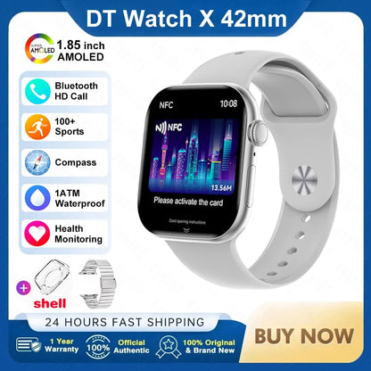 New DT Watch X Mini Smartwatch  3D Menu Video AI Voice NFC 4GB Lang Memory Compass 1.85 Inch AMOLED Super Fast Charge Smartwatch