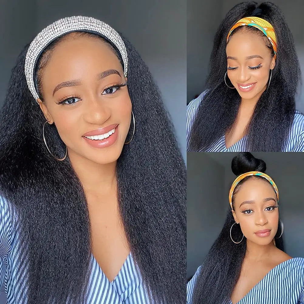 18-26Inch Yaki Straight Headband Wigs for Black Women Synthetic Long Kinky With Hair Band Full Machine Made None Lace Front Wig