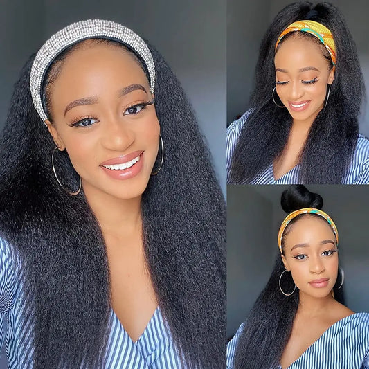 18-26Inch Yaki Straight Headband Wigs for Black Women Synthetic Long Kinky With Hair Band Full Machine Made None Lace Front Wig