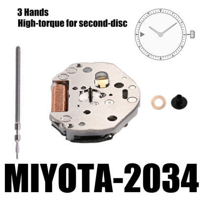 2034 Movement Miyota 2034 movement  3 Hands High-torque for second-disc Size 6 3/4×8’’’Height 3.15mmBattery Life 14 months