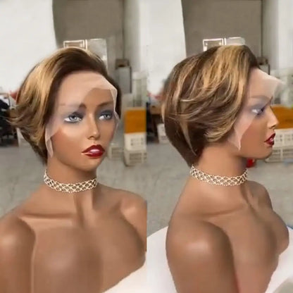 Hightlight Pixie Cut Wig P427 Transparent Lace Human Hair 13×4 Straight Human Hair Wigs Short Bob Wig For Women Natural Hairline