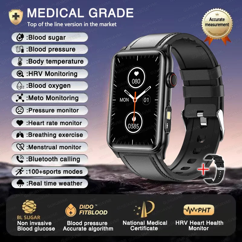 2025 New AI Medical Diagnosis Blood sugar Blood pressure Blood oxygen Smart Watch For Men Bluetooth Call LED Health Smart watch