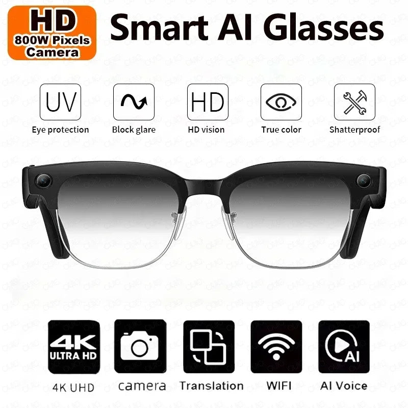 New 4K Glasses Camera Video Recording AI Glasses Smart Glasses Bluetooth Call Music Noise Reduction Smart Sunglasses Android iOS