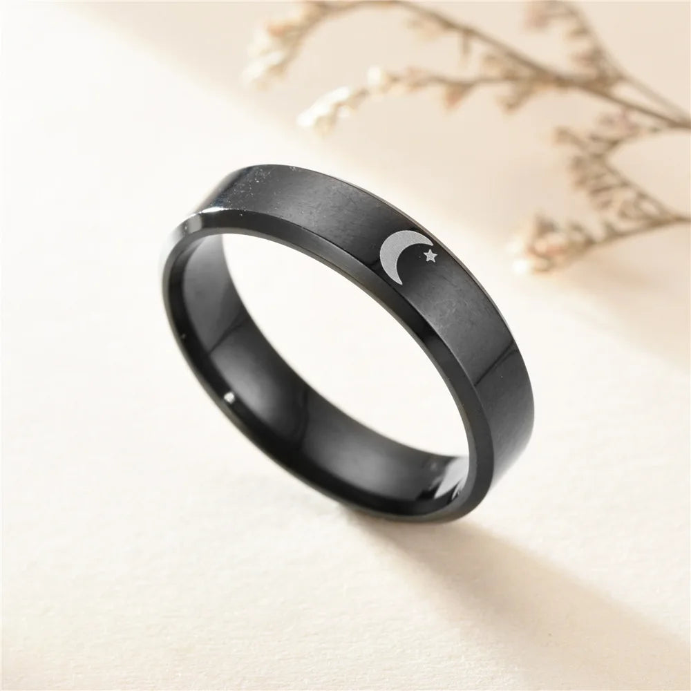 Starry Fleld 6mm Sun and Moon Couple Rings, Titanium Steel Engagement Rings for Men and Women, Featuring Sun and Moon Elements