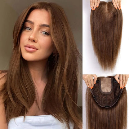 9x9inch Large Base Hair Pieces Dark Brown Human Hair Toppers 16 inch Toppers for Women with Multiple Non-slip Clips