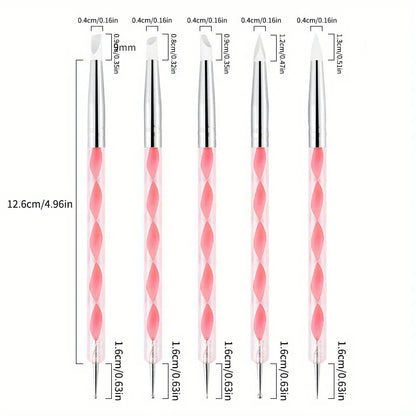 5Pcs 2 Way Nail Art Acrylic Silicone Point Flower Nail Pen Stainless Steel Dotting Tools Marbleizing Painting Pens