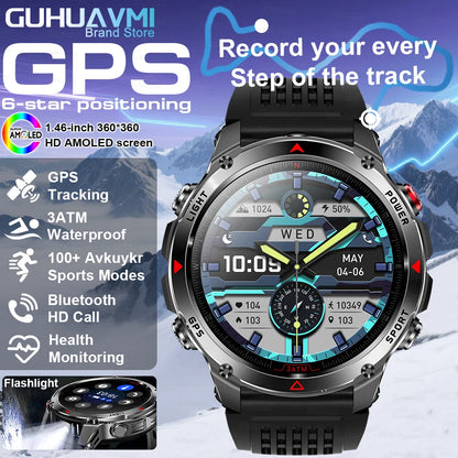 2025New Outdoor Military Smart Watch Bulit-in GPS Compass Altimeter Barometric 3ATM Waterproof AMOLED Bluetooth Call Smart Watch