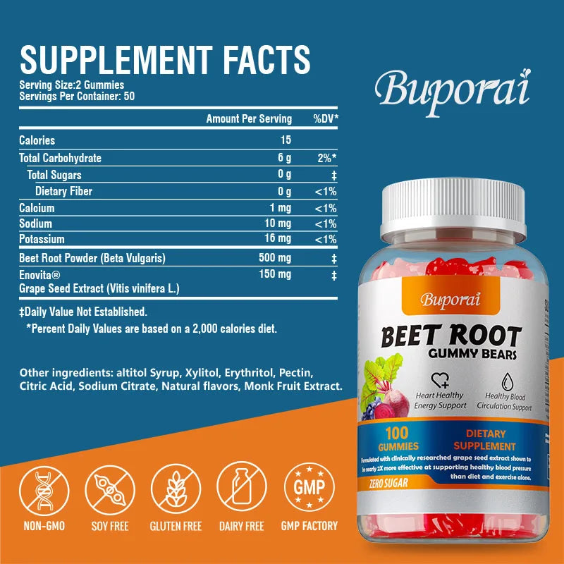 Beet Root Gummies - Supports Heart Health, Improves Circulation, Maintains Energy Levels, Vegetarian, Gluten-free