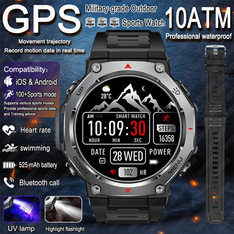 New Military Outdoor Sports Smart Watch Men GPS Motion Track 5 ATM Waterproof Heart Rate HD Bluetooth Call Smartwatch For Xiaomi