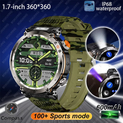 2025 New Outdoor Smart Watch Men 600mAh LED Flashlight SmartWatch Compass Bluetooth call Heart rate IP 68 Sports Smartwatch 2025