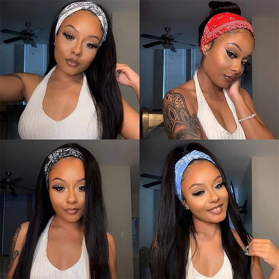 Headband Wig Human Hair Bone Straight Human Hair Wigs Full Machine Made Peruvian Human Hair Wigs For Black Women Easy to Go 180%