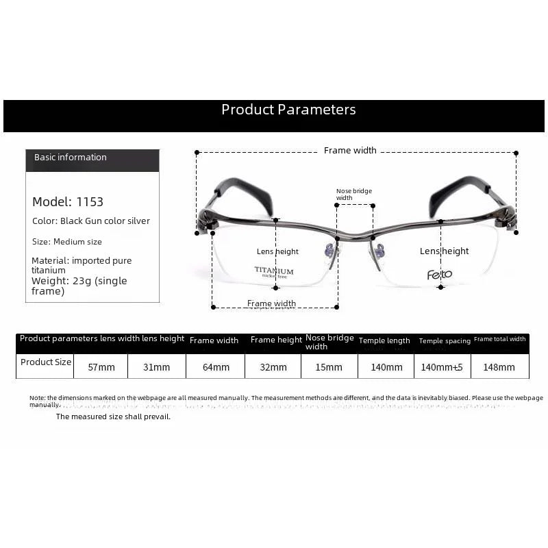 Ultra-light Semi-rimless Pure Titanium Business Eyeglasses Frame For Men 1153 Style Myopia Be Matched Myopia Glasses Deep