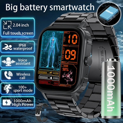 2025 new smart watch 1000MAH 2.04 inch ultra HD screen all day health heart rate detection 70+ sports IP68 waterproof BT call