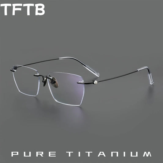 TFTB Pure Titanium Ultra-light Men's Rimless Glasses Business Retro Eyeglasses Flexible Optical Prescription Glasses Frame 142mm