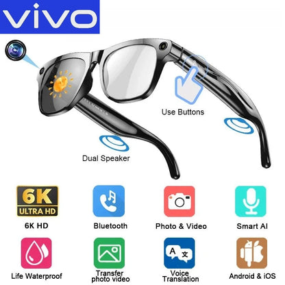 VIVO 6K HD AI Smart Glasses Photochromic Multifunction Bluetooth Calling Voice Assistant Music Player Translate Camera 2026 HOT